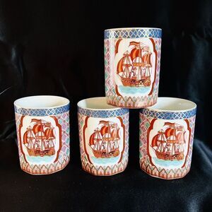 RARE 4 Vintage Imari Arita Cocktail Cups Ship Sea Japanese Ware Japan Hand Paint
